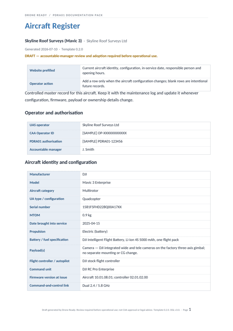Rendered first page of the Drone Ready sample aircraft register