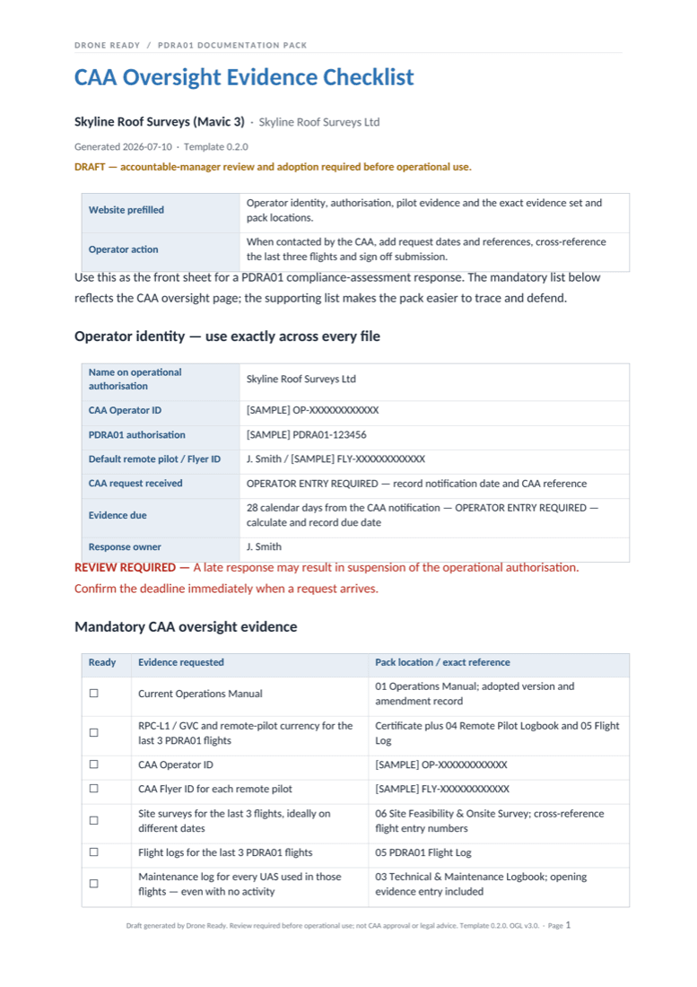 Rendered first page of the Drone Ready sample audit evidence checklist