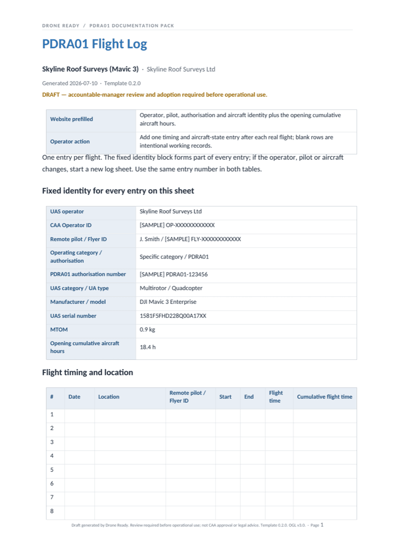 Rendered first page of the Drone Ready sample PDRA01 flight log