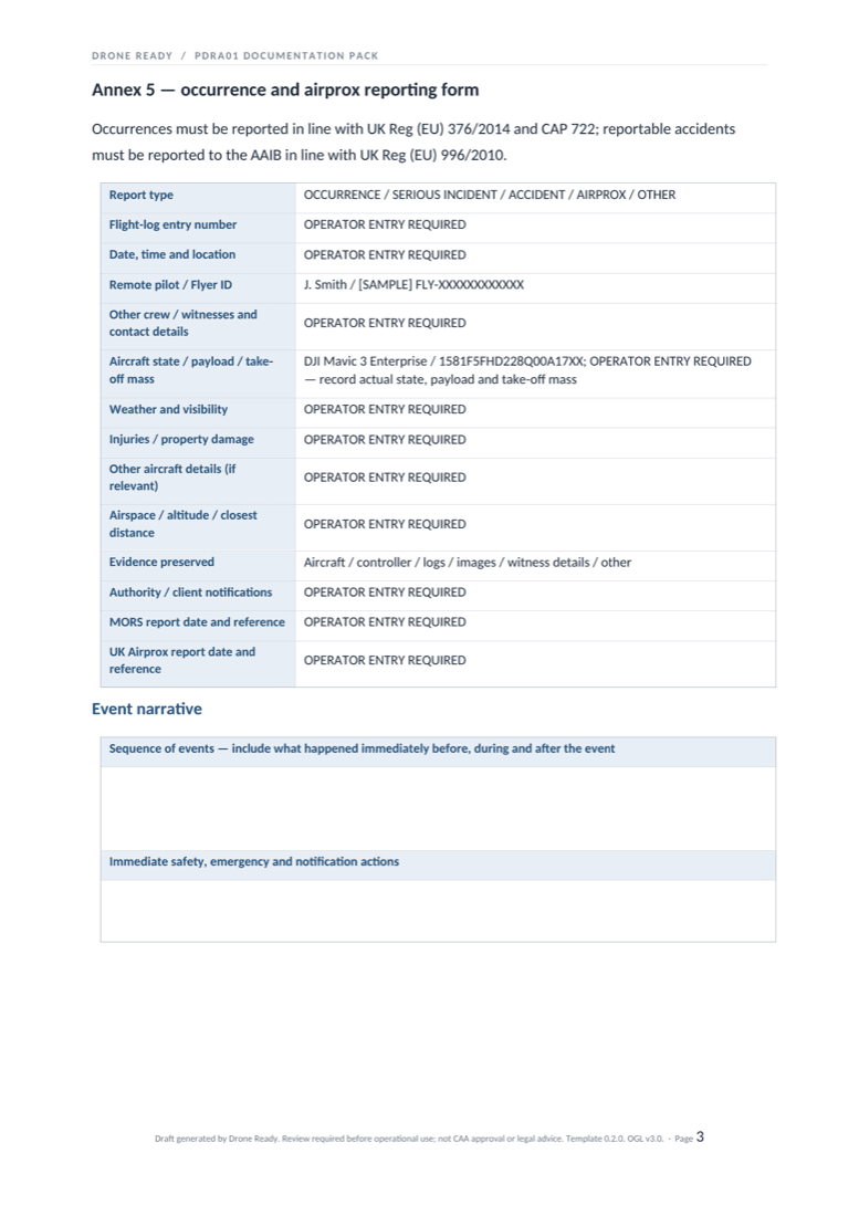 Rendered occurrence and Airprox reporting page from the Drone Ready sample pack