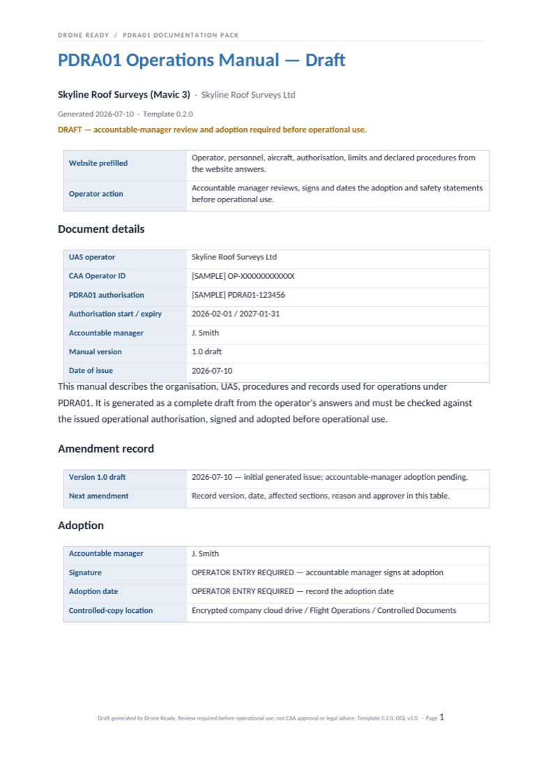 Rendered first page of the Drone Ready sample Operations Manual